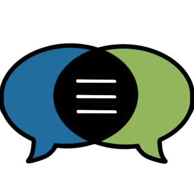 The speech bubbles logo of CommunicationFIRST, drawn with black outlines. It shows a green speech bubble and a blue speech bubble overlapping. The overlap is black, and has three white lines representing text.